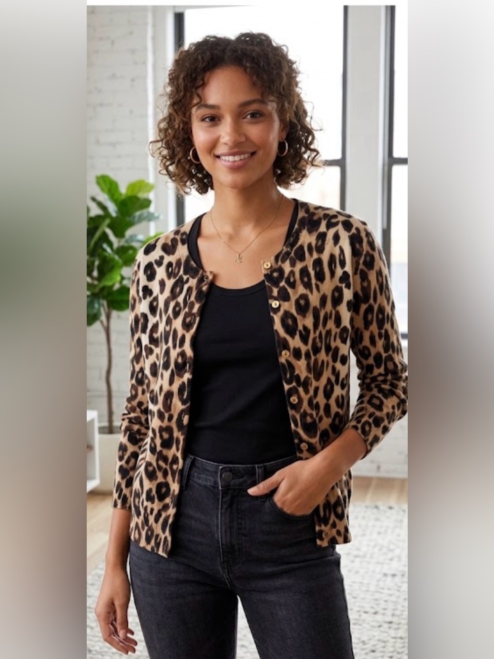 Ann Taylor Leopard Cheetah Print Bittom Down Cardigan Sweater Tan Brown Black
